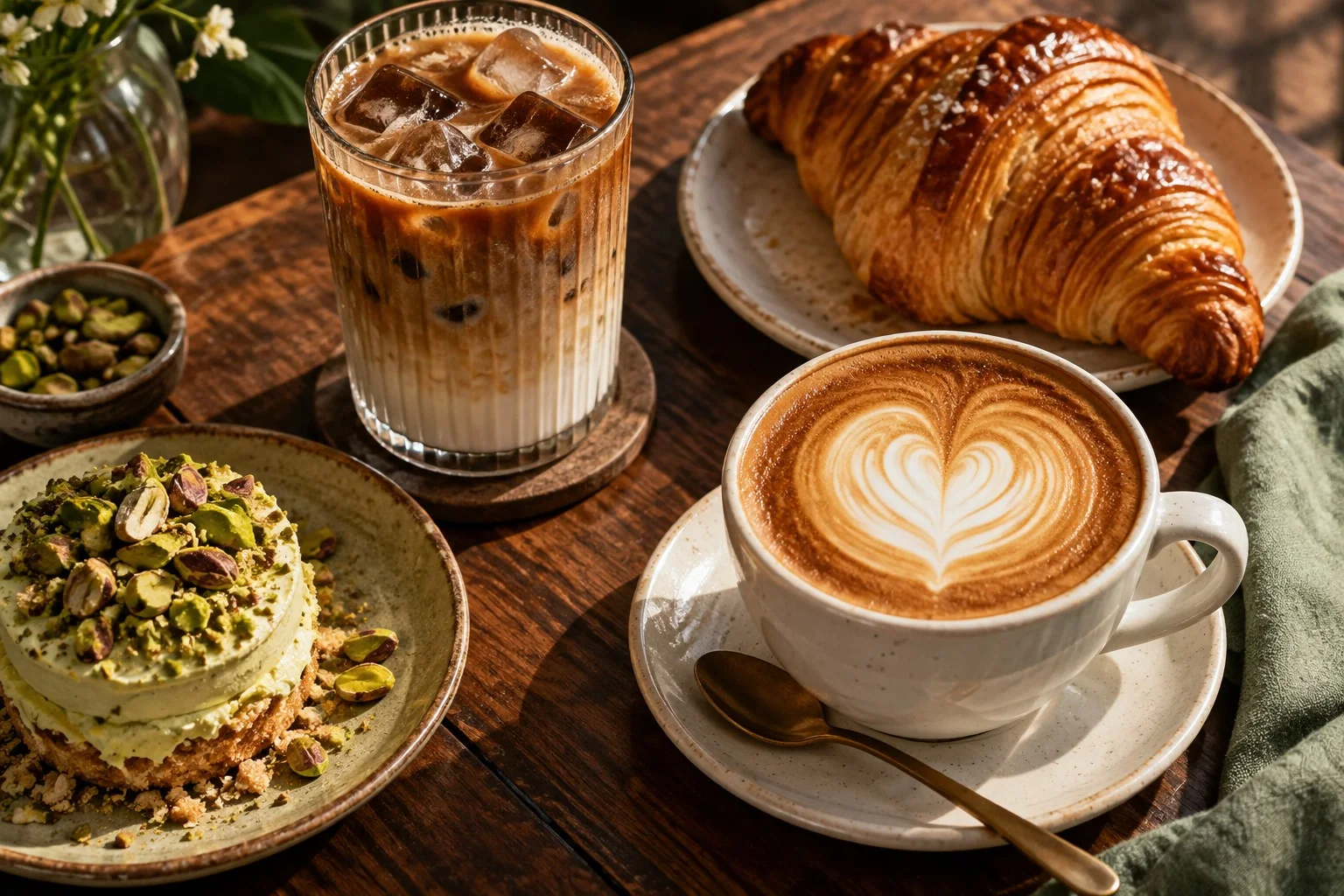 Iced latte, cappuccino, flaky croissant and pistachio dessert on a warm café table